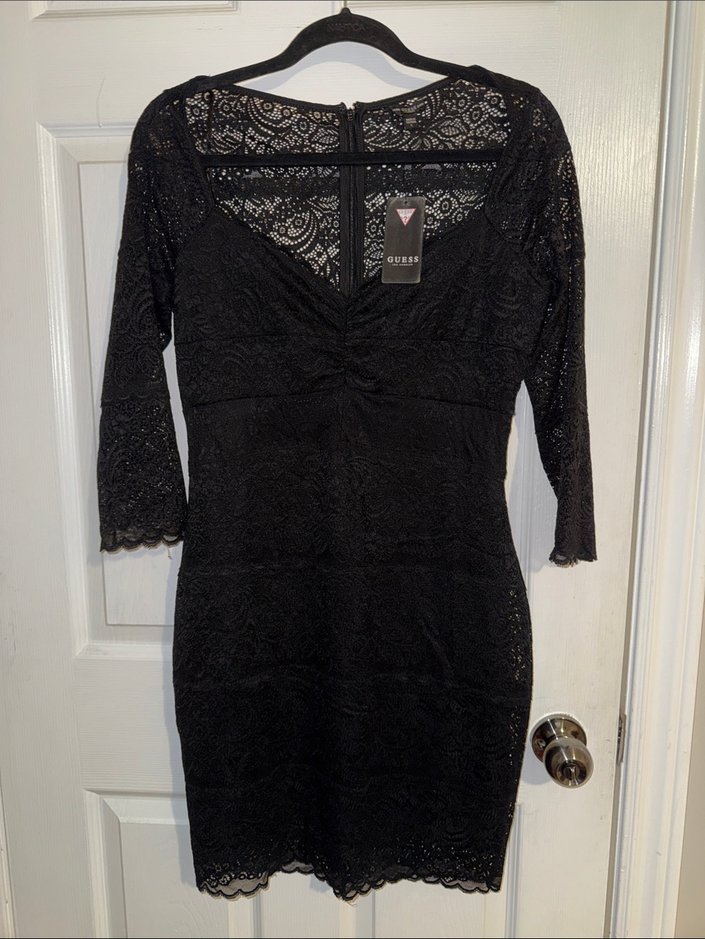 GUESS Black Lace V-Neck Sheath Dress with 3/4 Sleeves